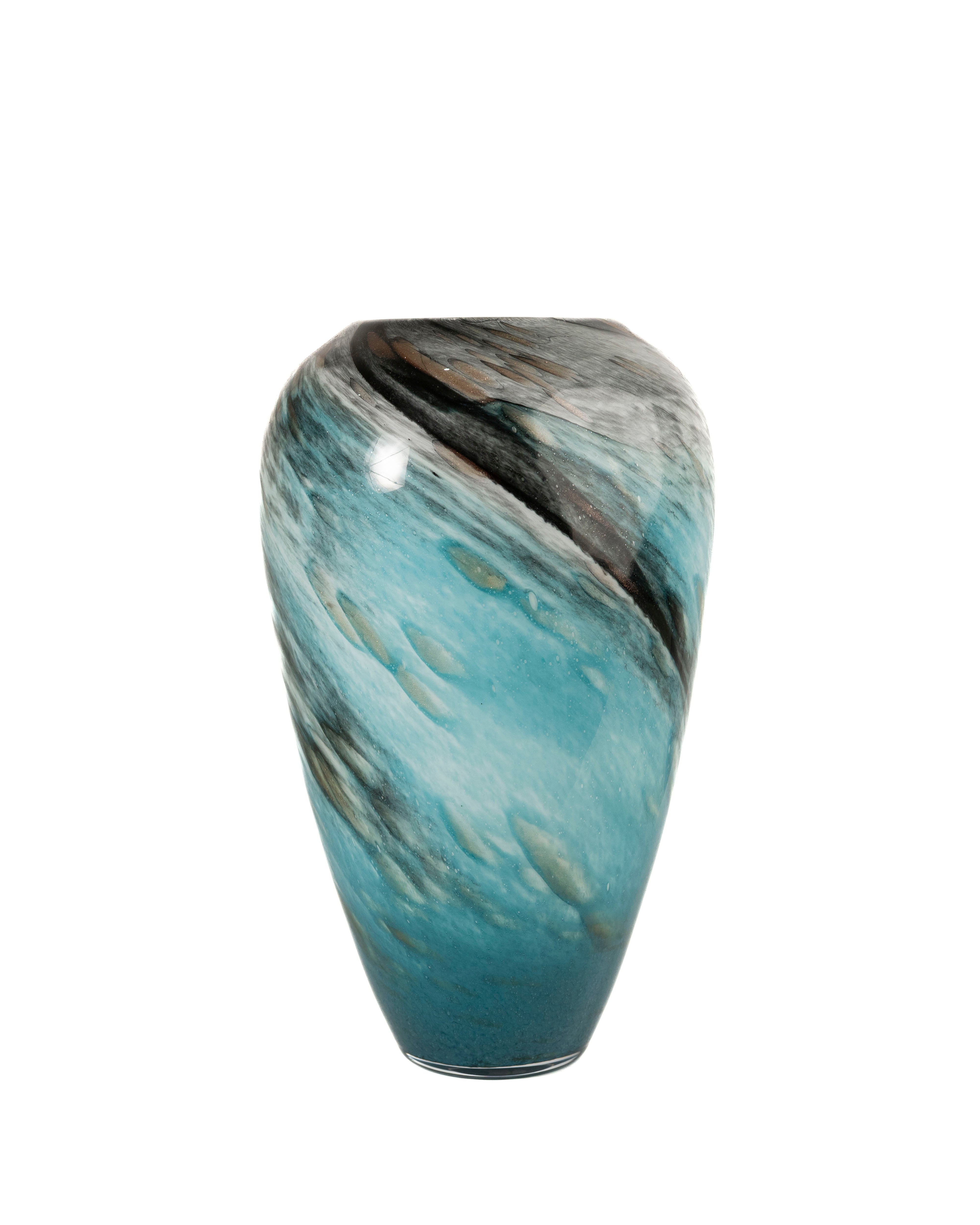 Marbled Teal Glass Vase with Swirling Design