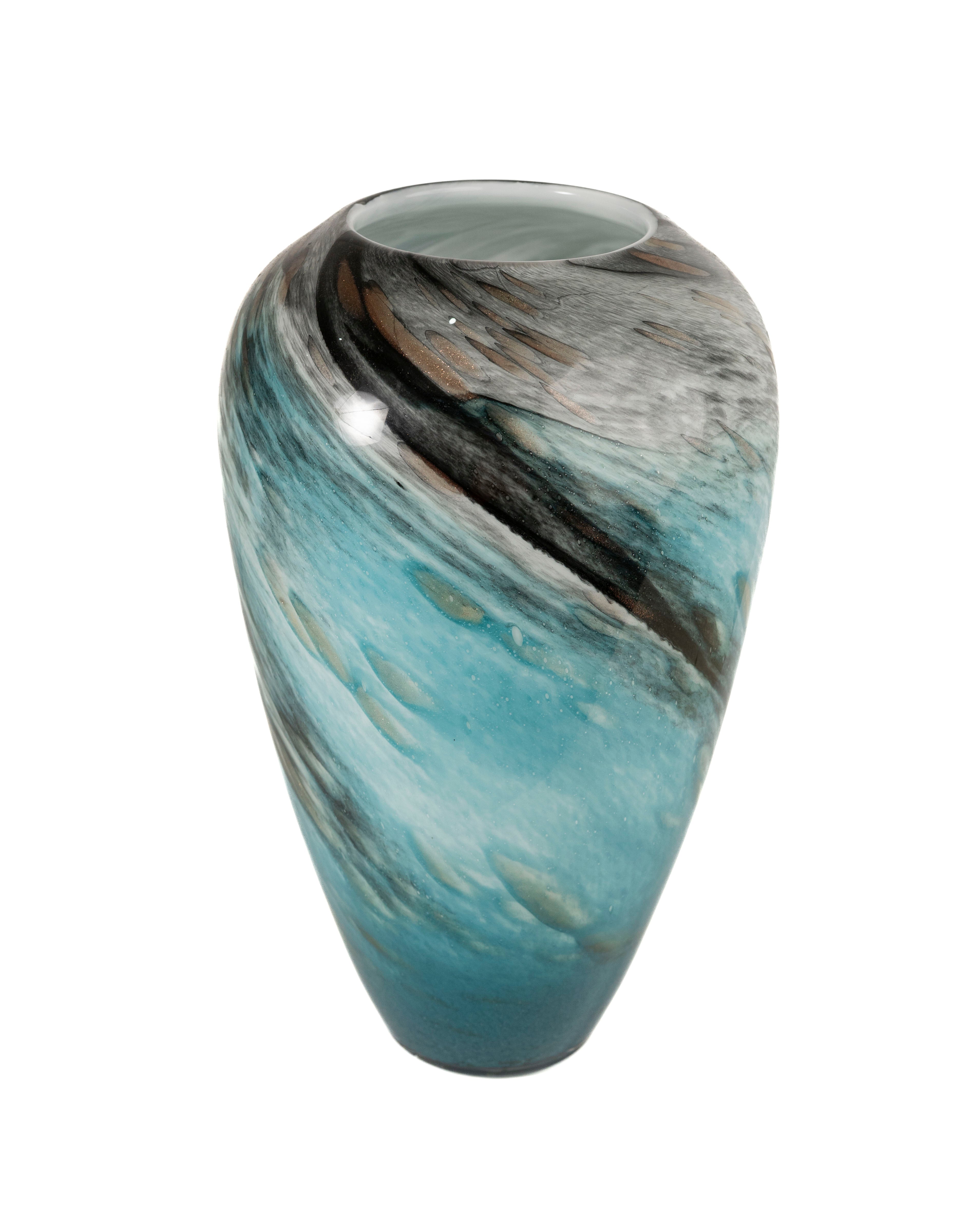Marbled Teal Glass Vase with Swirling Design