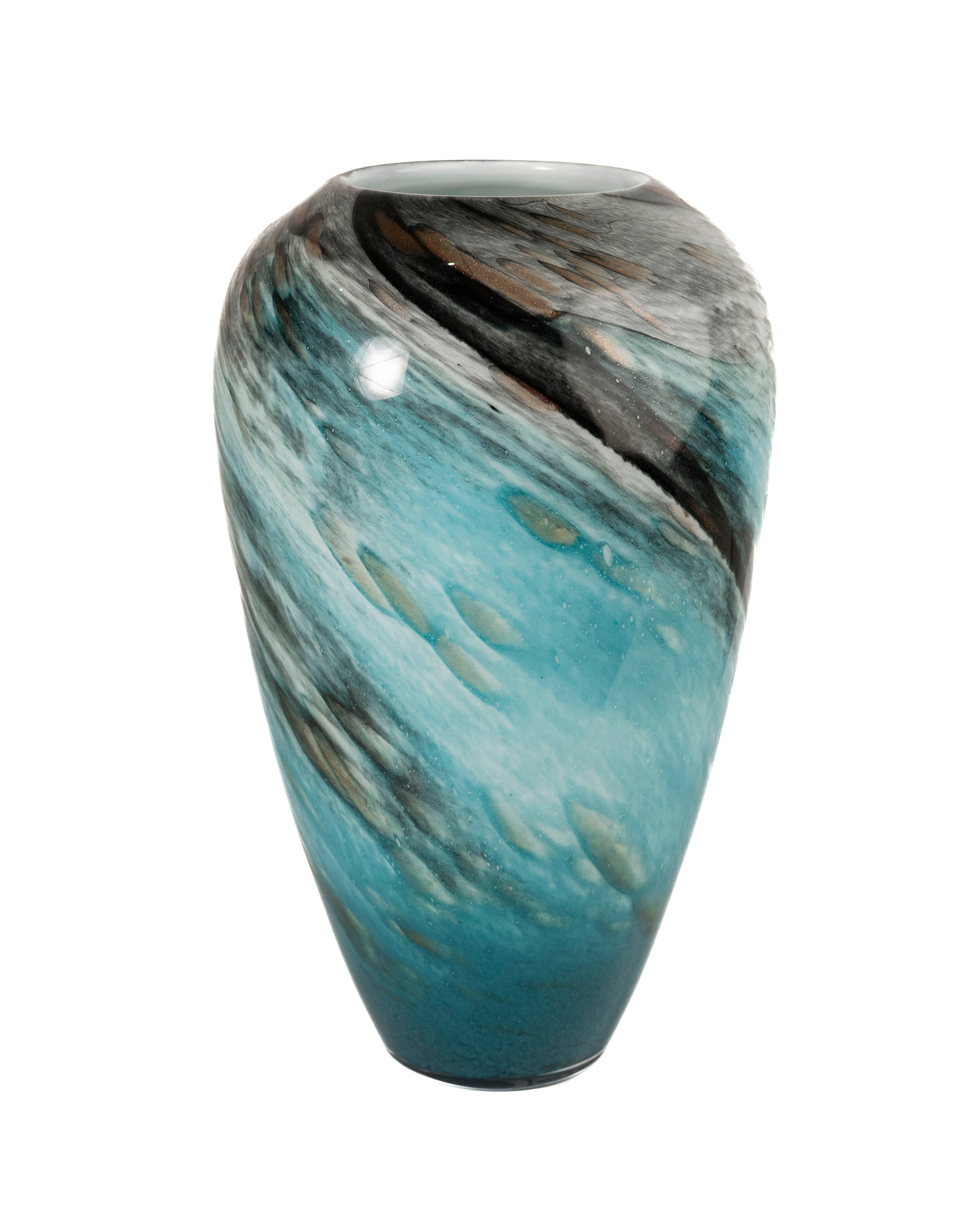 Marbled Teal Glass Vase with Swirling Design
