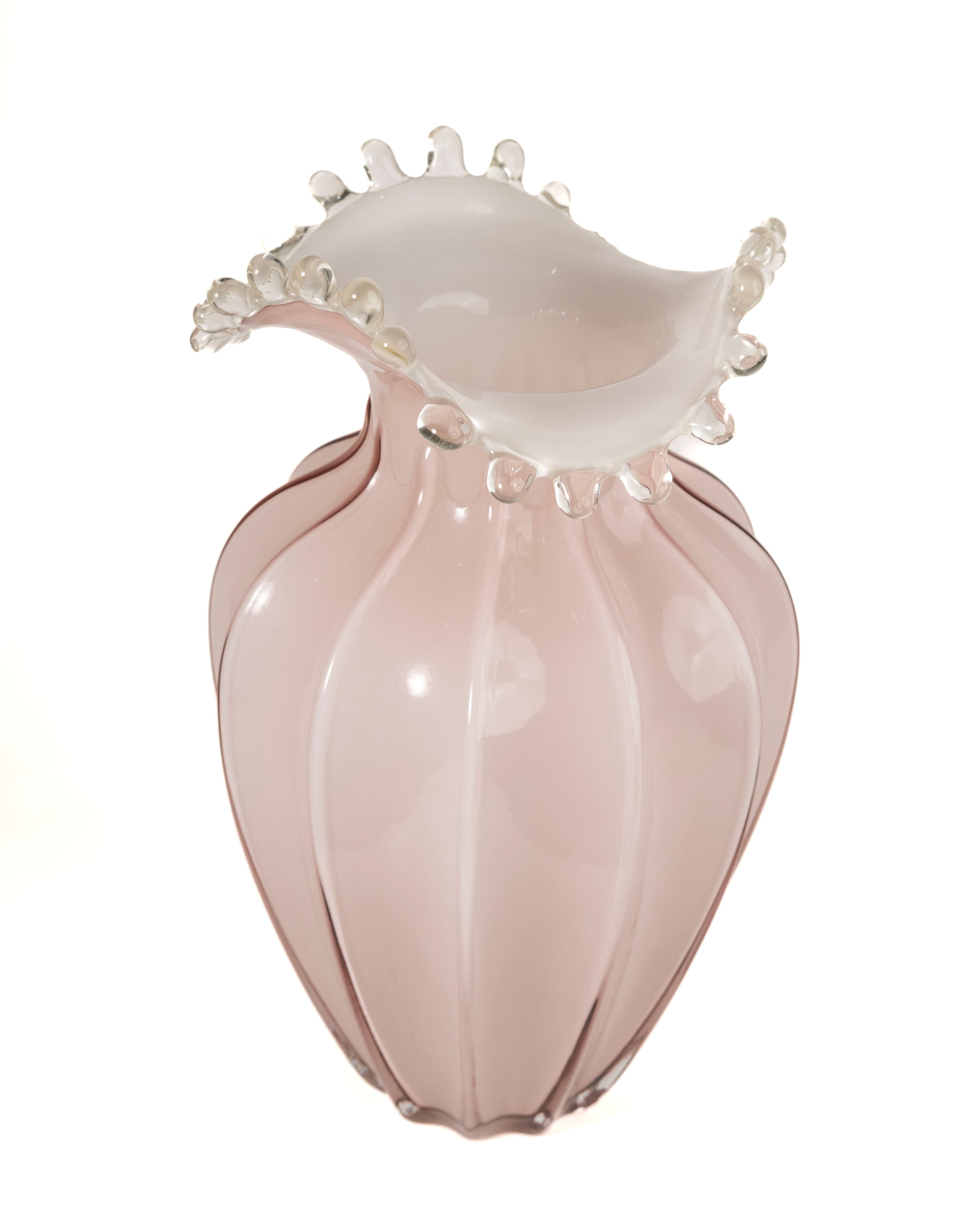 Artistic Pink Glass Ruffled Vase