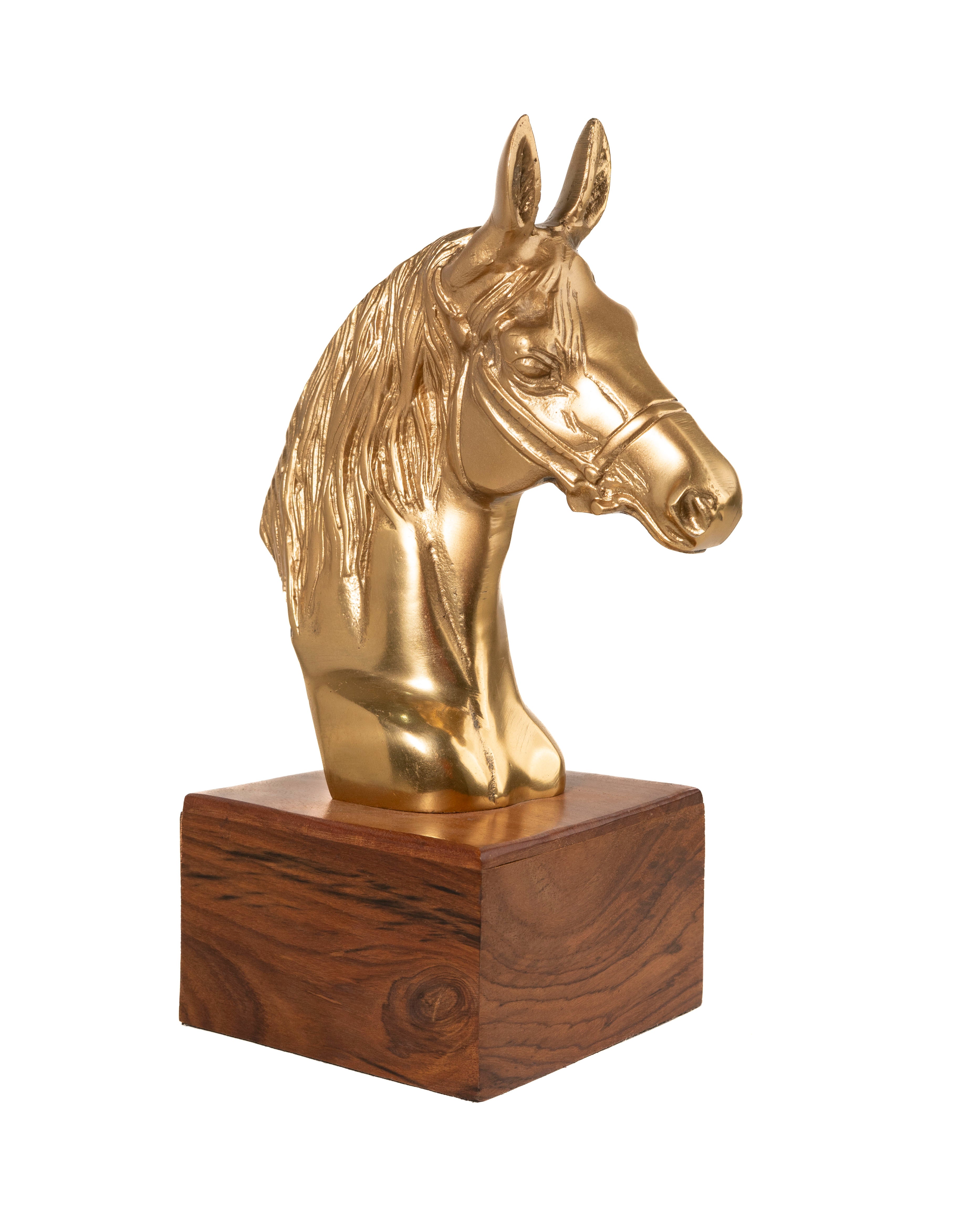 Golden Horse Head Bust on Wooden Base