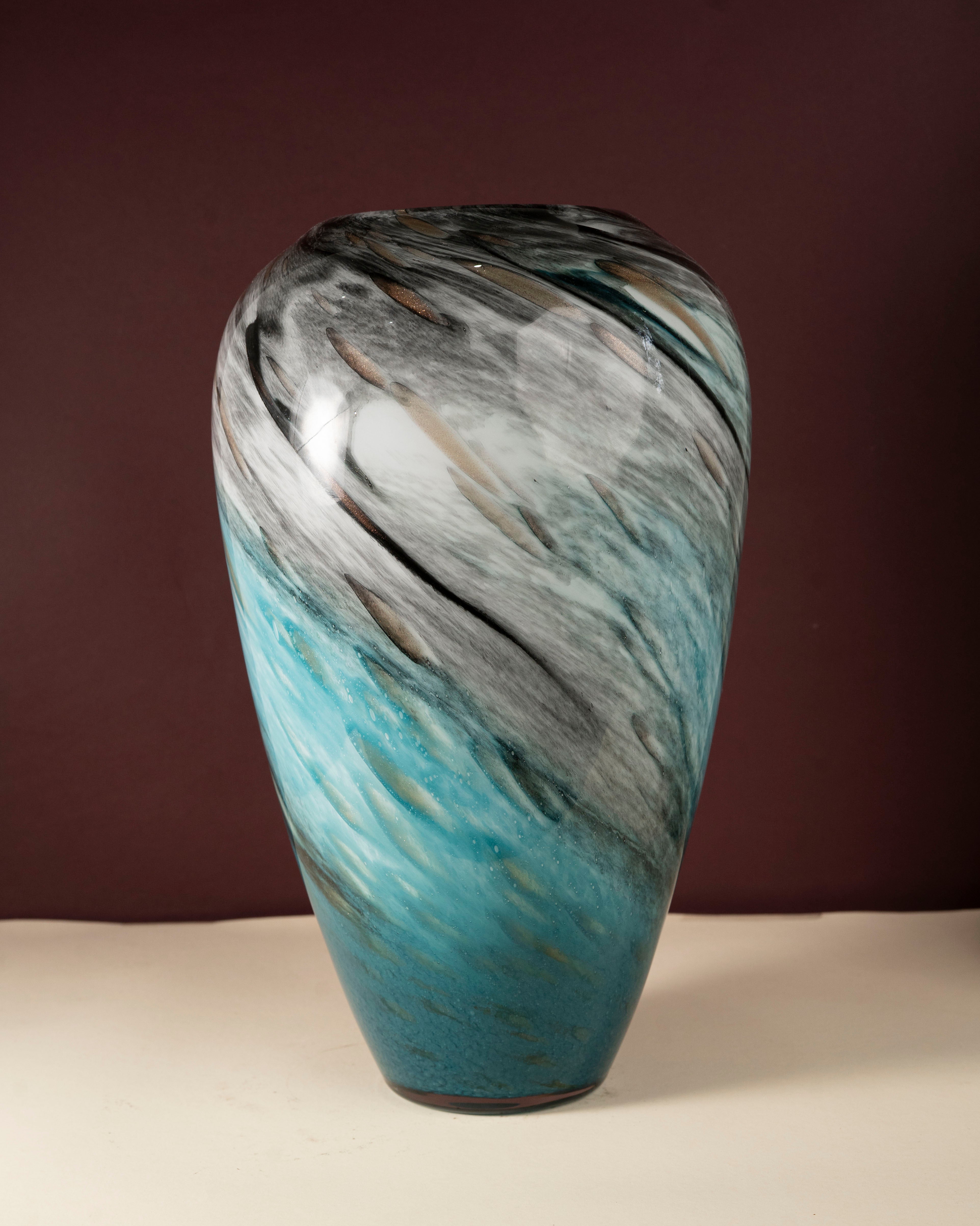 Marbled Teal Glass Vase with Swirling Design