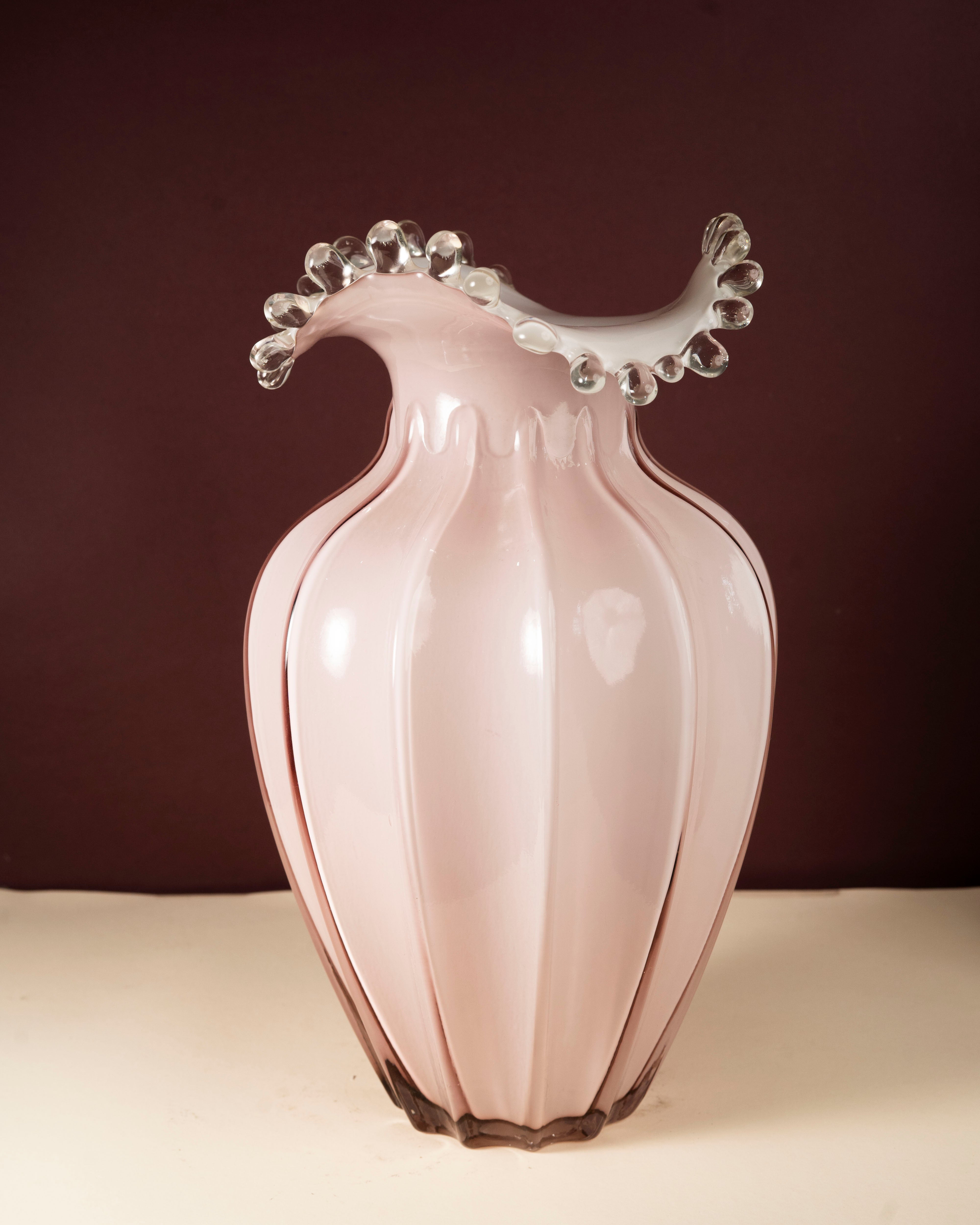 Artistic Pink Glass Ruffled Vase