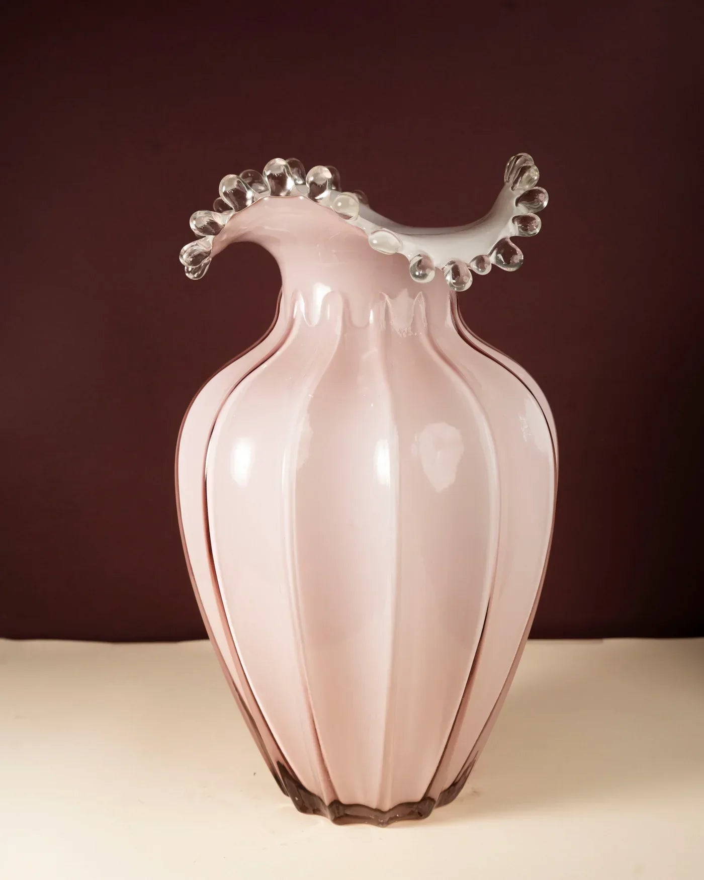 Artistic Pink Glass Ruffled Vase