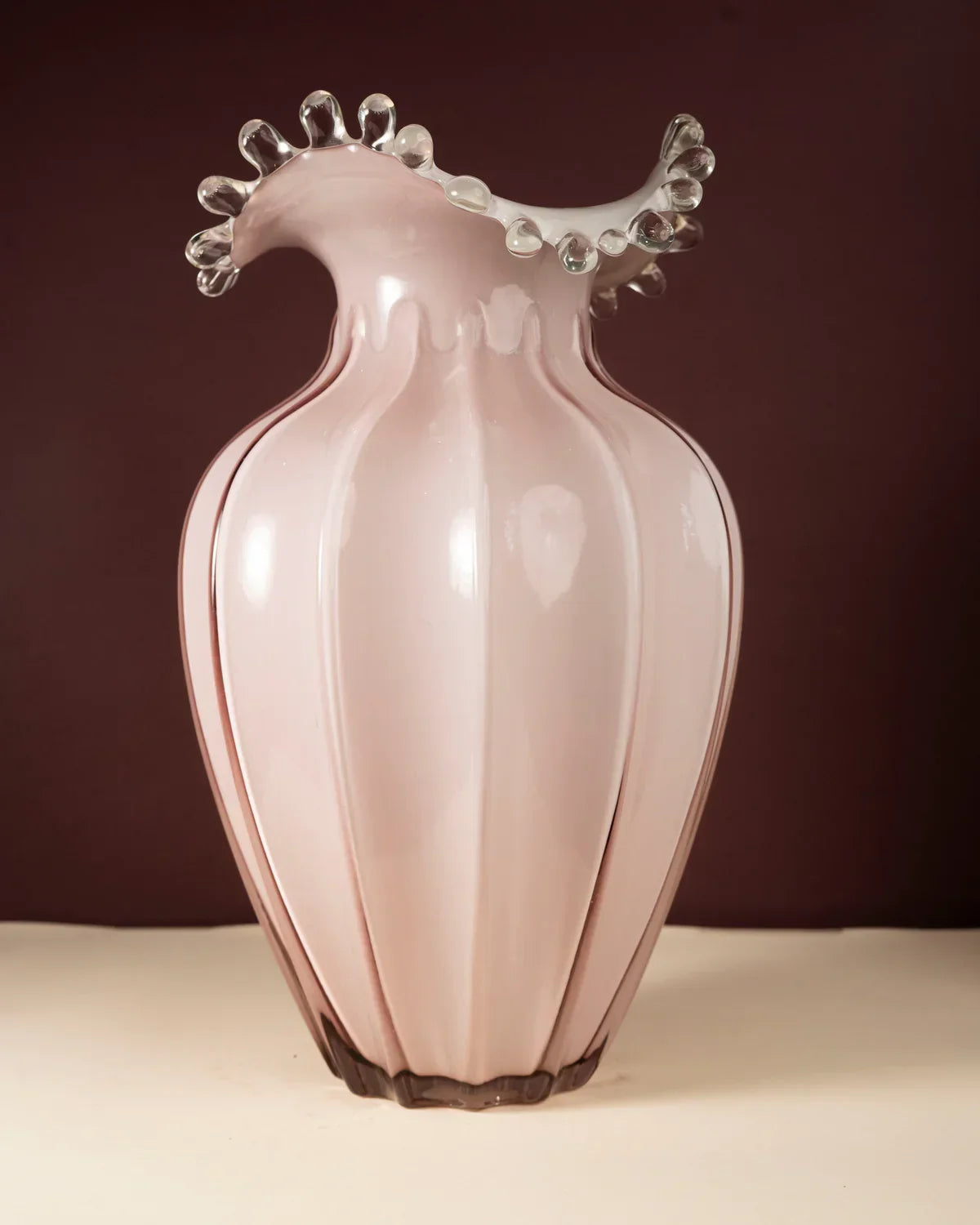 Artistic Pink Glass Ruffled Vase