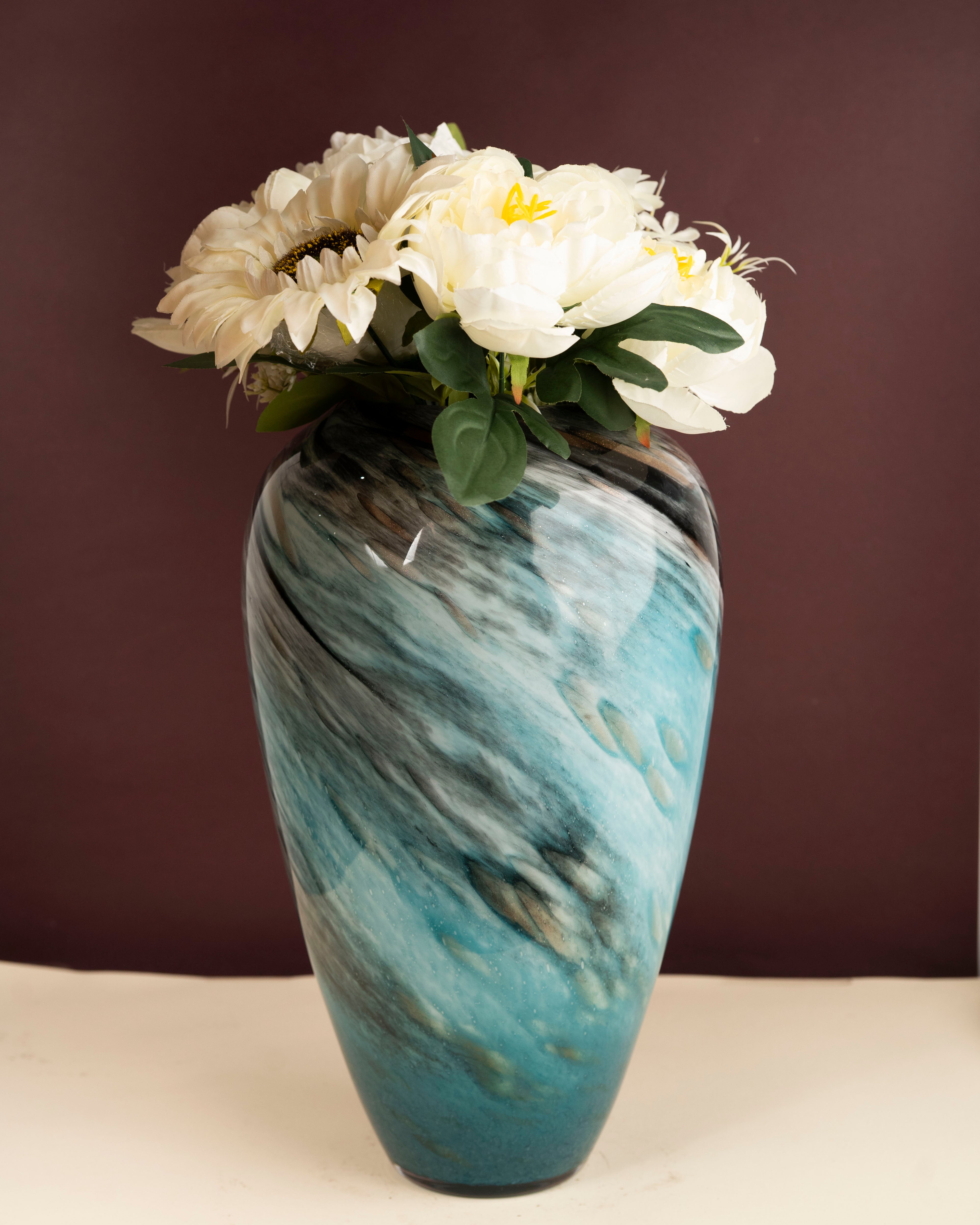 Marbled Teal Glass Vase with Swirling Design