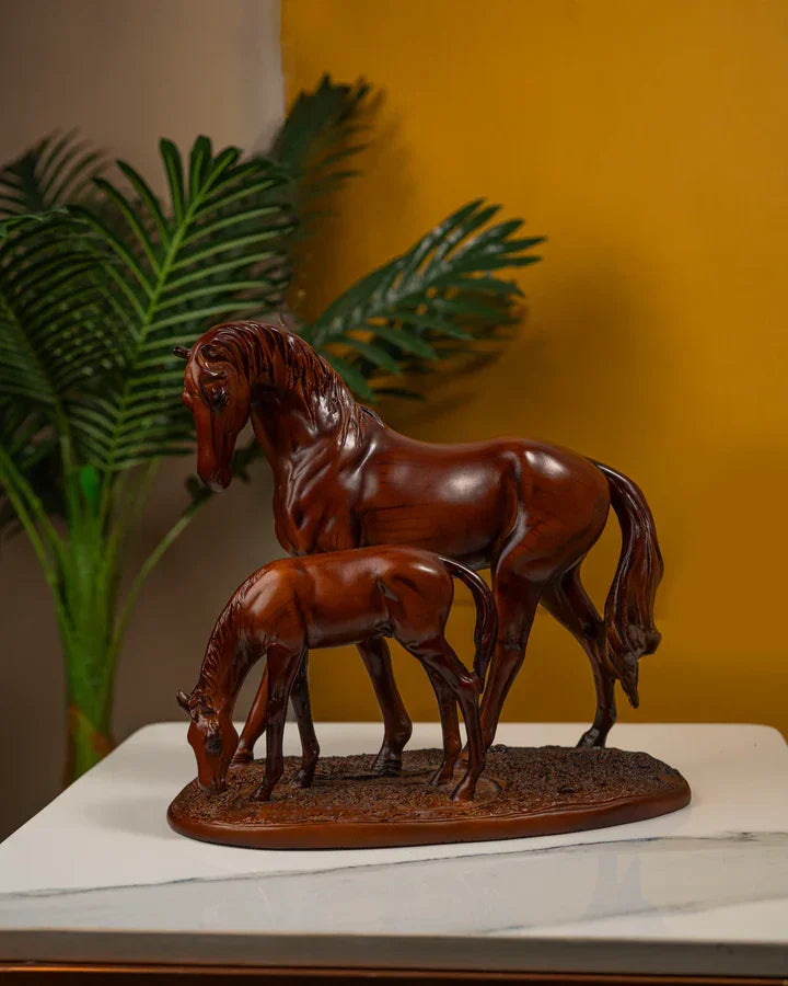Handcrafted Mare & Foal Brown Polyresin Sculpture