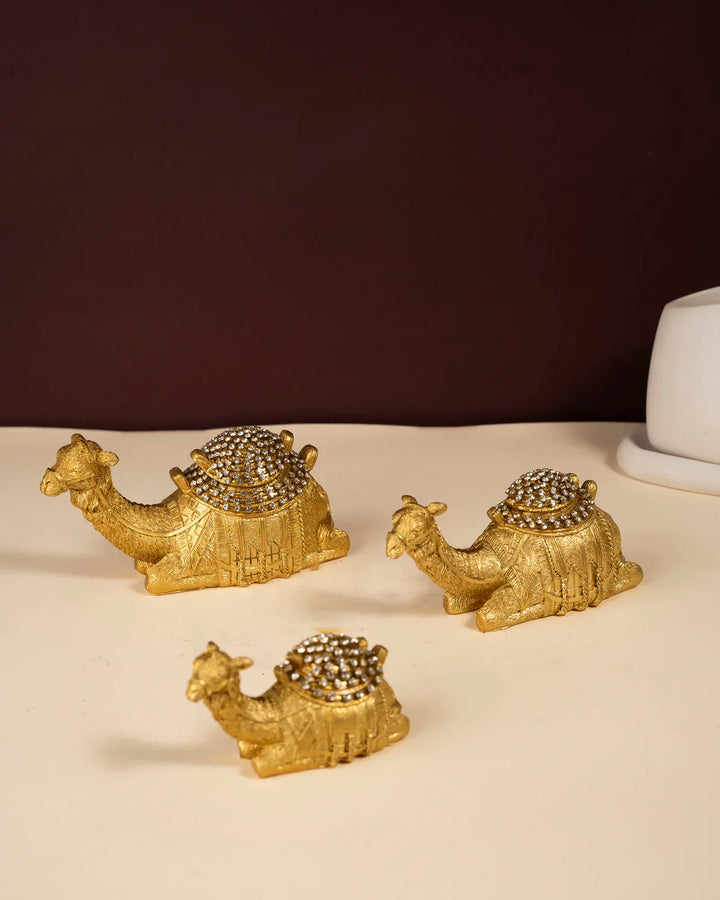 Intricately Designed Golden Camel Figurines (Set of 3)