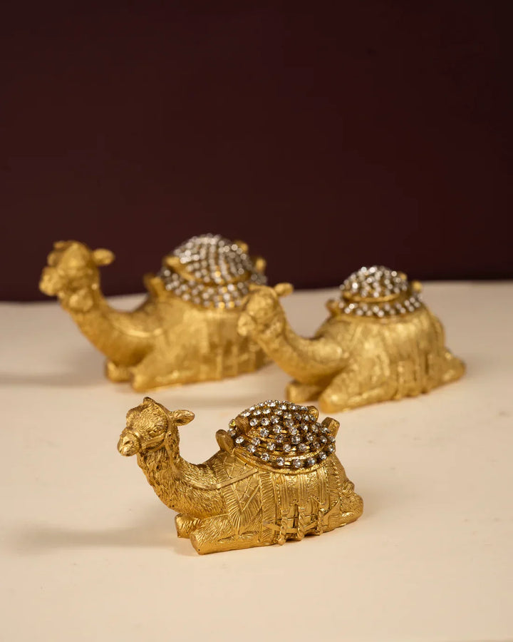 Intricately Designed Golden Camel Figurines (Set of 3)