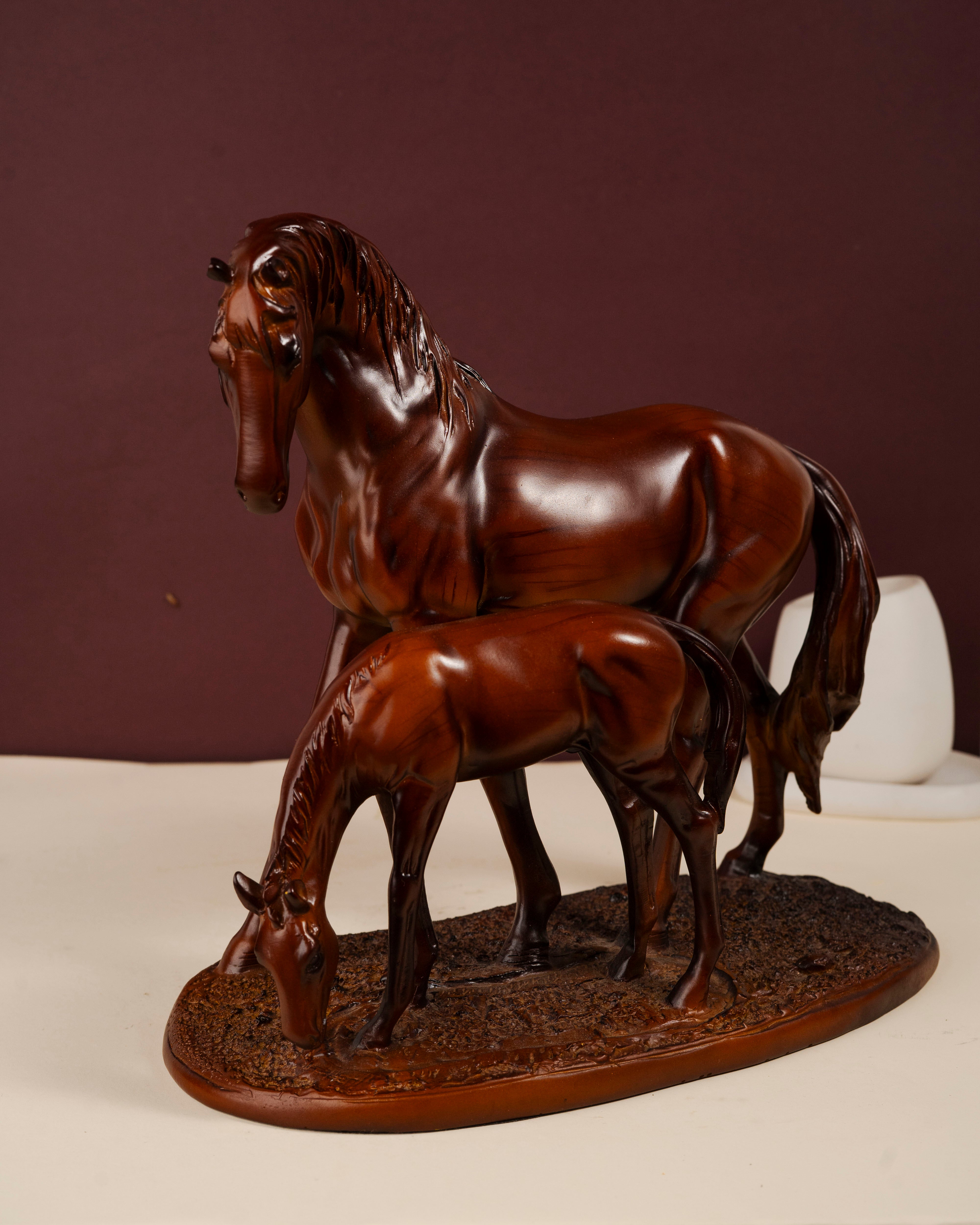Handcrafted Mare & Foal Brown Polyresin Sculpture
