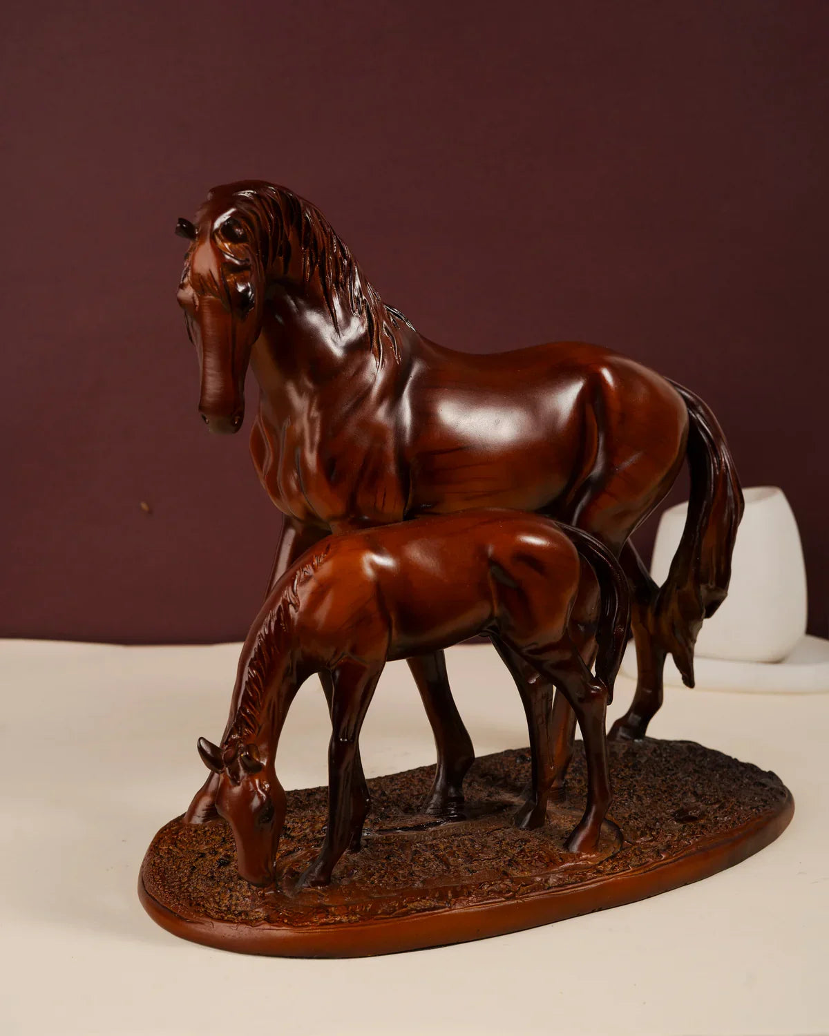 Handcrafted Mare & Foal Brown Polyresin Sculpture