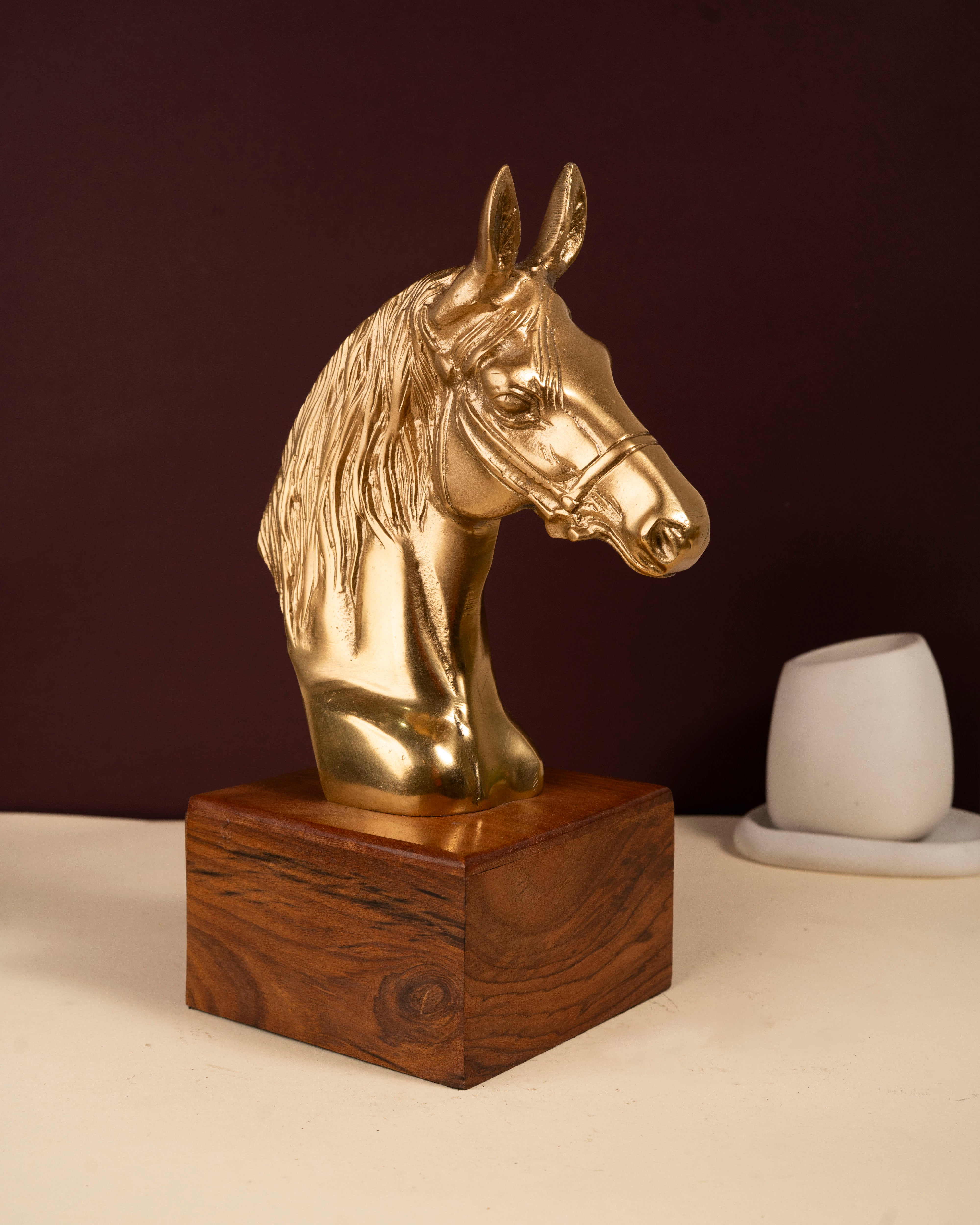 Golden Horse Head Bust on Wooden Base