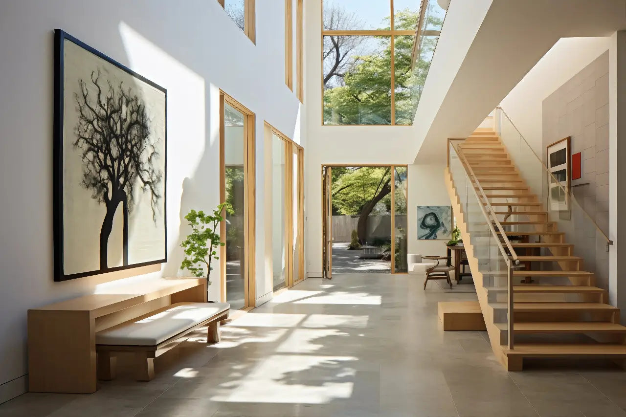 Modern interior with a staircase, bench, and large windows.