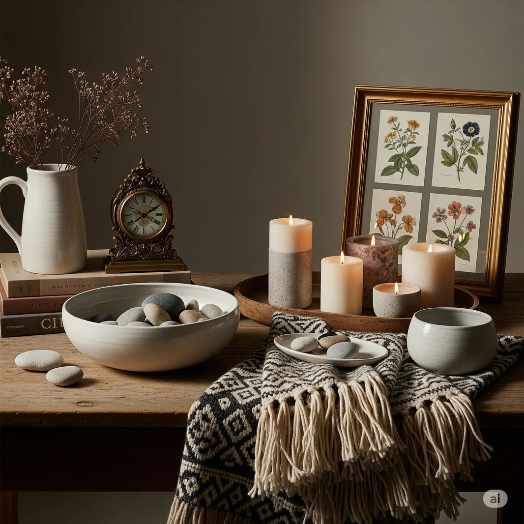 Decorative setting with candles, a bowl of stones, a clock, and a framed botanical print on a wooden table.