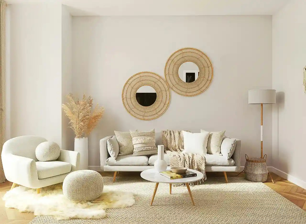 Modern living room with neutral tones and decorative mirrors on the wall.