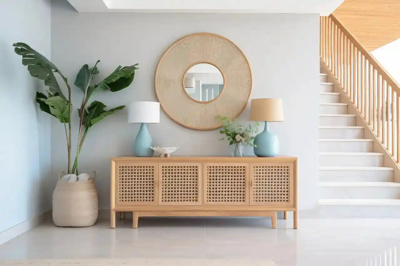 Wooden console table with decorative items in a modern living room.