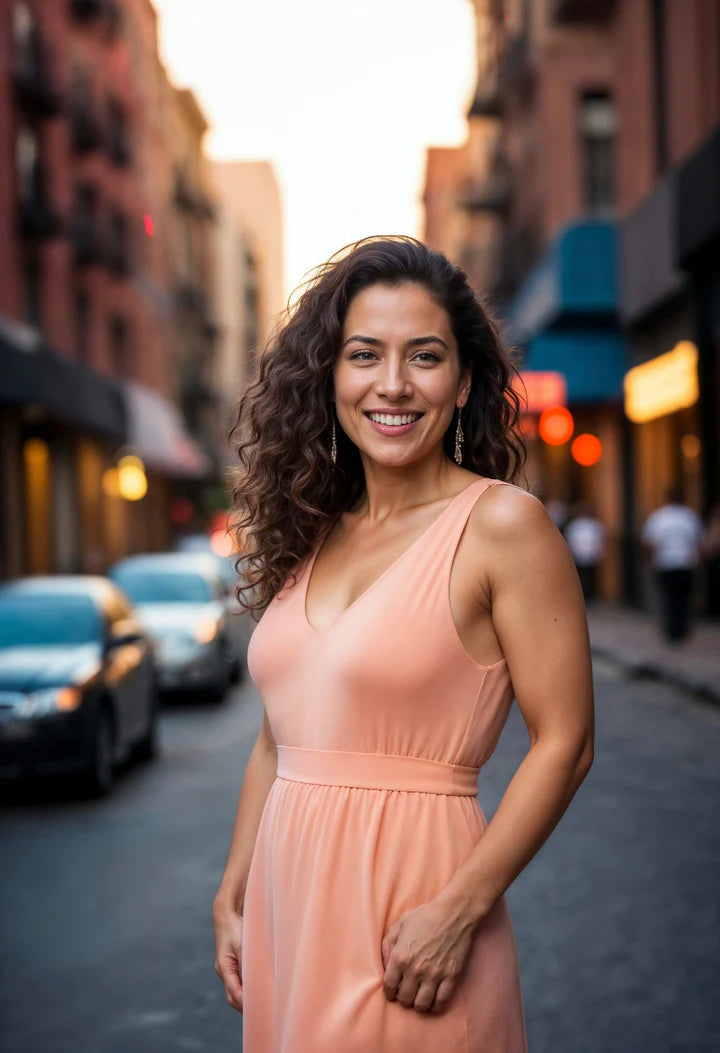 Woman in a peach dress standing on a city street with buildings and cars in the background.